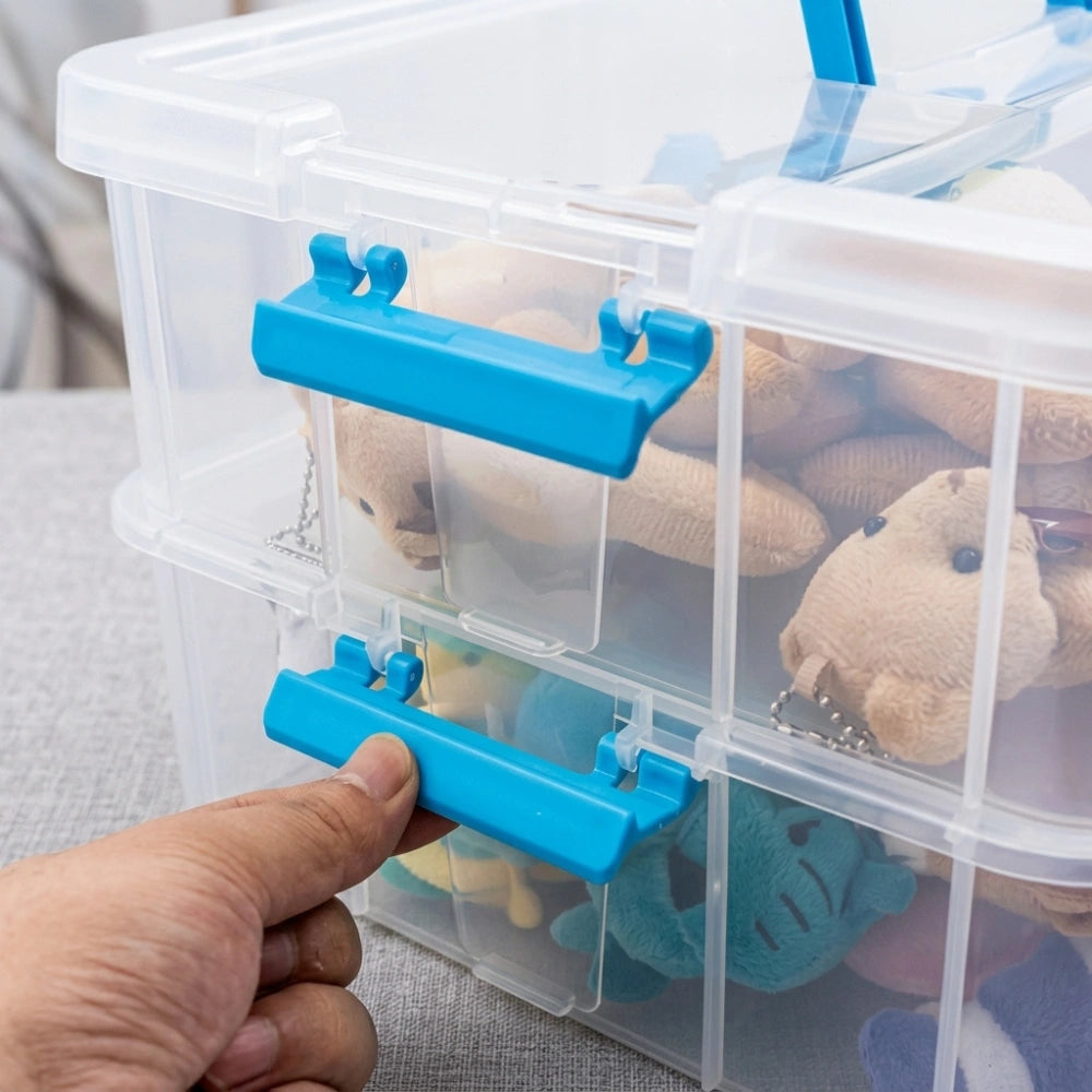 2 Layer Clear Plastic Storage Box with Lid & Handle | Portable Stackable Organizer for Stationery, Crafts, Sewing & Art Supplies
