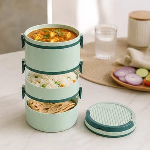 3-Layer Round Lunch Box | Leakproof Plastic Tiffin Box for Kids & Adults | Food Storage Container for School, Office & Travel