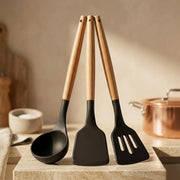 3-Piece Silicone Kitchen Utensil Set with Wooden Handles | Non-Stick Cooking Spatula, Turner & Soup Ladle, Heat Resistant Kitchen Tools