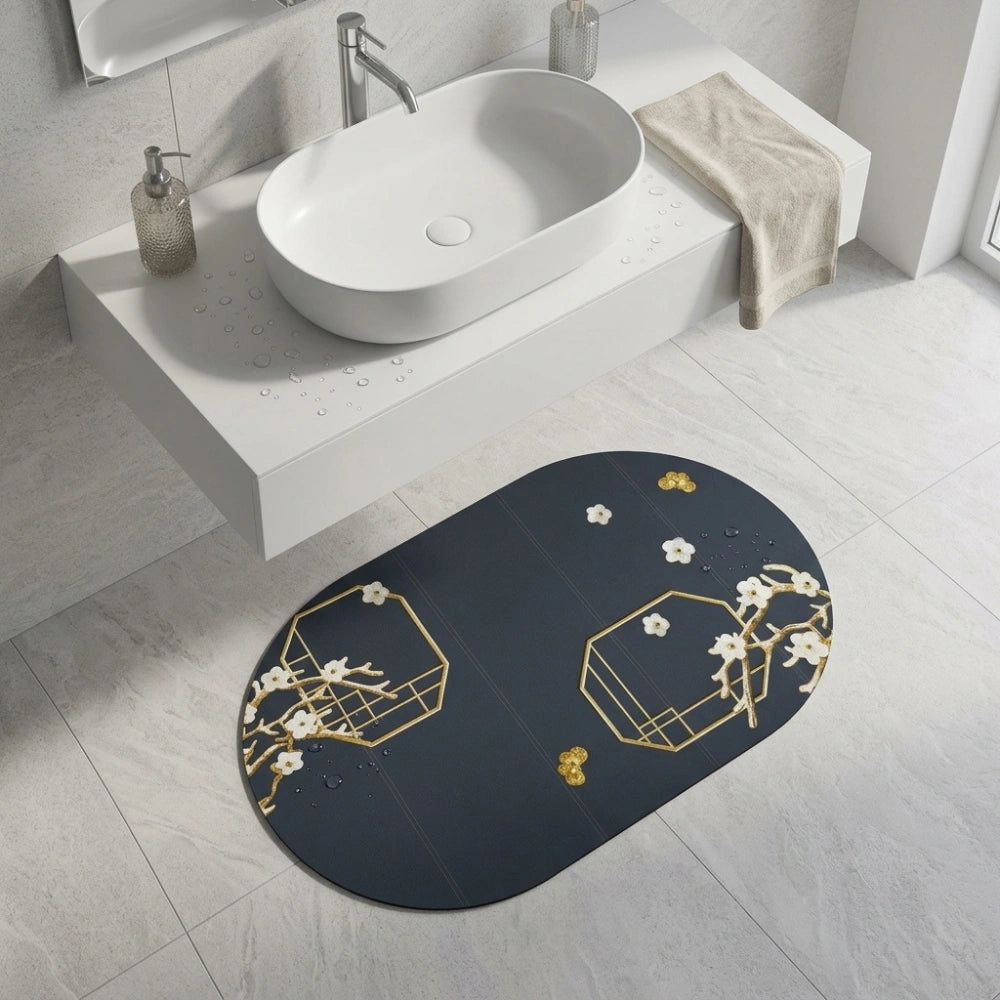 Charcoal Oval Bath Mat with Gold Geometric & White Blossom | Soft Quick Dry Anti-Slip Absorbent Floor Rug for Bathroom Entrance & Bedroom