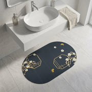 Charcoal Oval Bath Mat with Gold Geometric & White Blossom | Soft Quick Dry Anti-Slip Absorbent Floor Rug for Bathroom Entrance & Bedroom