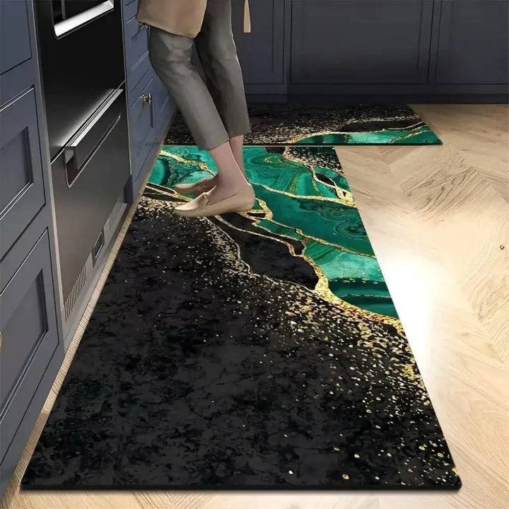 2-Piece Emerald Gold Marble Kitchen Mat Set | Luxury Non-Slip Washable Anti-Fatigue Runner Rugs for Kitchen, Hall & Bedroom
