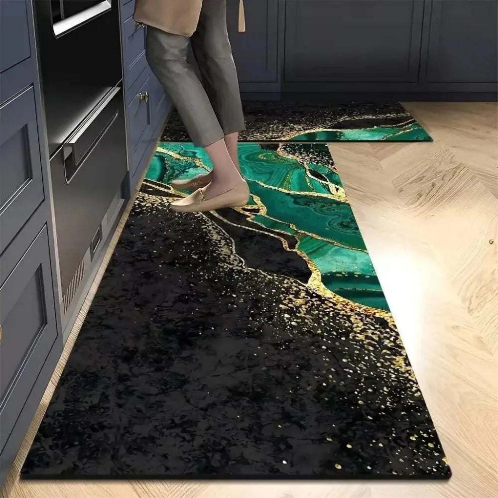 2-Piece Emerald Gold Marble Kitchen Mat Set | Luxury Non-Slip Washable Anti-Fatigue Runner Rugs for Kitchen, Hall & Bedroom