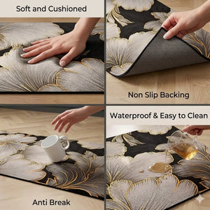 2-Piece Luxury Gold Floral Kitchen Mat Set | Non-Slip Waterproof Anti-Fatigue Cushioned Runner Rugs for Kitchen & Floor