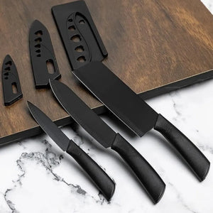 3-Piece Black Kitchen Knife Set | Santoku, Cleaver & Paring Knives with Blade Guards | Non-Stick Stainless Steel Kitchen Knife Set