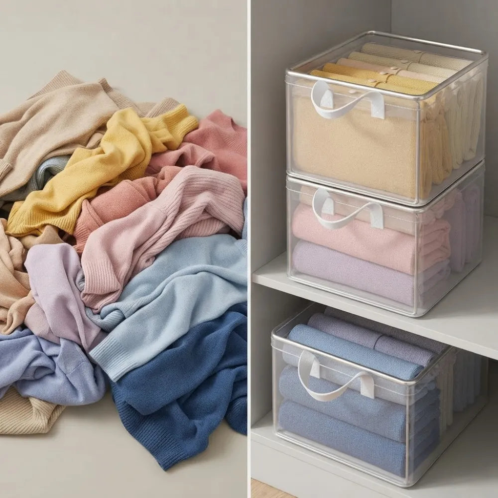 Foldable Fabric Storage Box with Lid | 26L Clothes & Pants Organizer | Collapsible Closet Storage Bin with Handles | Multi-Purpose Home Organizer | 3 PCS