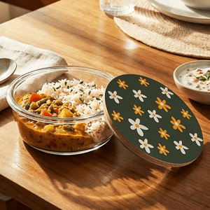 400ml Compact Round Borosilicate Glass Bowl | Artistic Printed Lid for Snacks & Dips