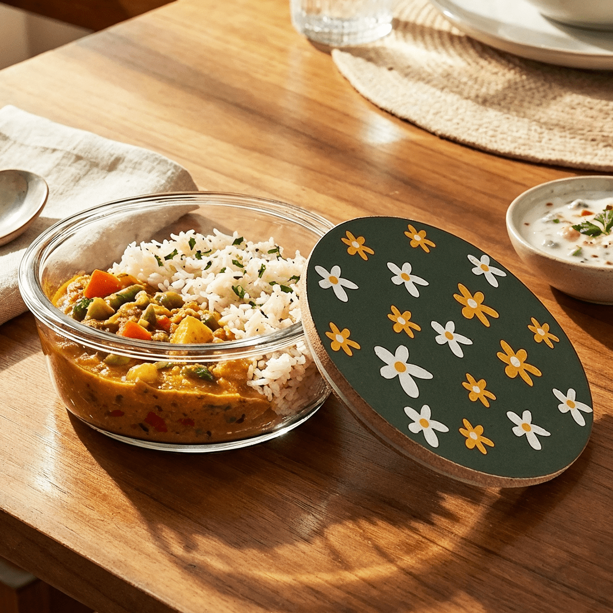 400ml Compact Round Borosilicate Glass Bowl | Artistic Printed Lid for Snacks & Dips