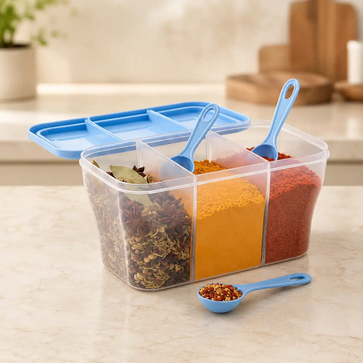 3-in-1 Multipurpose Masala Box with Airtight Containers & 3 Spoons | Transparent Kitchen Storage for Spices, Dry Fruits & Grocery