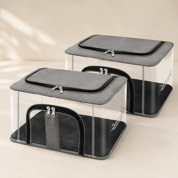 33 LTR Transparent Clothes Storage Box with Zipper & Carry Handle | Nylon PVC Moisture Proof Under Bed Wardrobe Organizer for Clothes, Blankets & Bedding