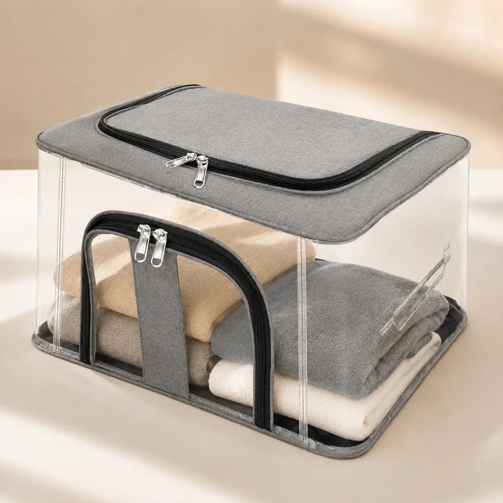 33 LTR Transparent Clothes Storage Box with Zipper & Carry Handle | Nylon PVC Moisture Proof Under Bed Wardrobe Organizer for Clothes, Blankets & Bedding