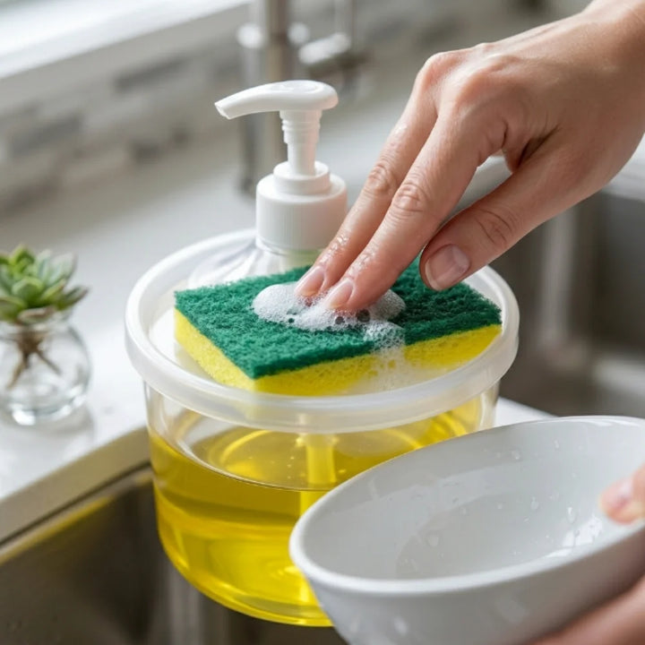Press Type Liquid Soap Dispenser with Sponge Holder | Refillable Dishwashing Pump Container
