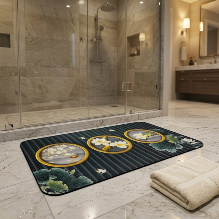 Luxury Floral Oval Anti-Slip Bath Mat | Soft Absorbent Quick Dry Bathroom Floor Rug | Modern Waterproof Door Mat