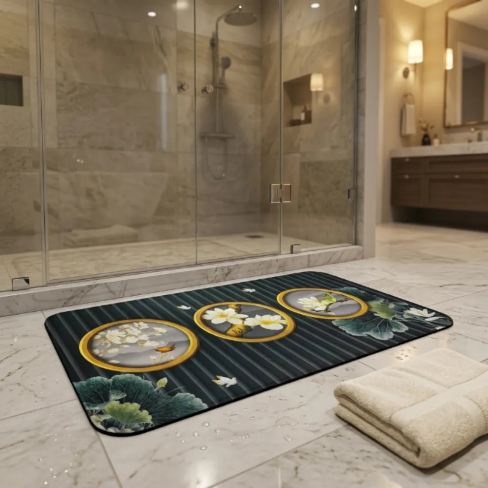 Luxury Floral Oval Anti-Slip Bath Mat | Soft Absorbent Quick Dry Bathroom Floor Rug | Modern Waterproof Door Mat