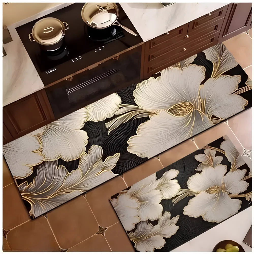 2-Piece Luxury Gold Floral Kitchen Mat Set | Non-Slip Waterproof Anti-Fatigue Cushioned Runner Rugs for Kitchen & Floor