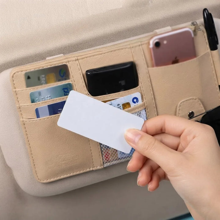 PU Leather Car Sun Visor Organizer | Multi-Pocket Storage | Glasses & Phone Holder