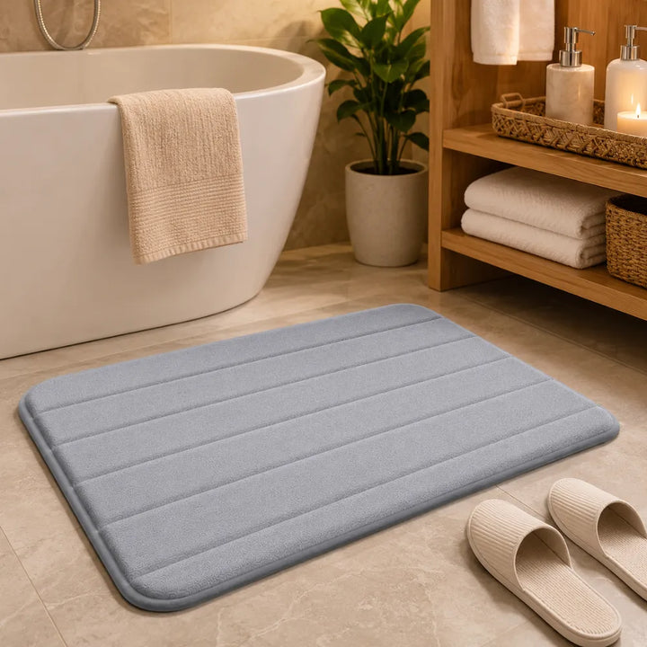 Memory Foam Bathroom Mat 80×50cm | Coral Velvet Super Soft Non-Slip Bath Rug | Quick Water Absorbent & Machine Washable | Grey