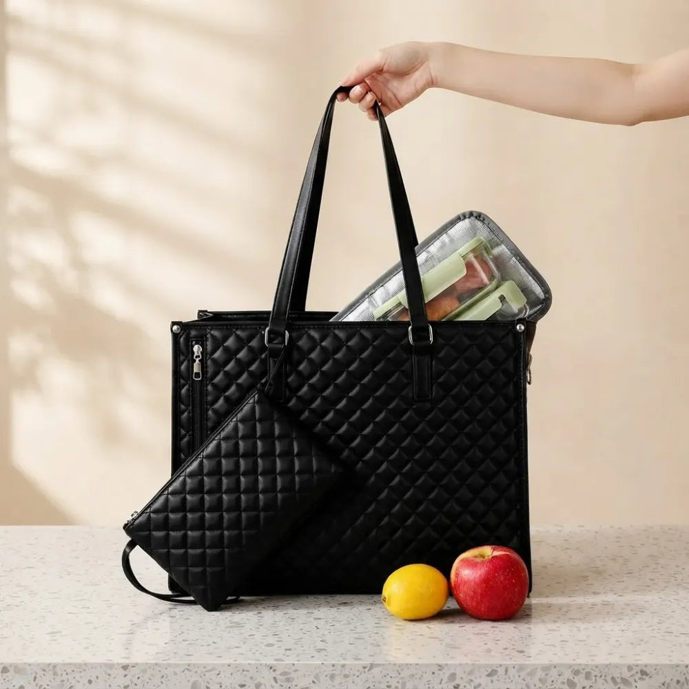 Elegant Laptop Tote Bag with Insulated Lunch Compartment | Stylish Quilted Work Shoulder Bag for Women, Office & Travel