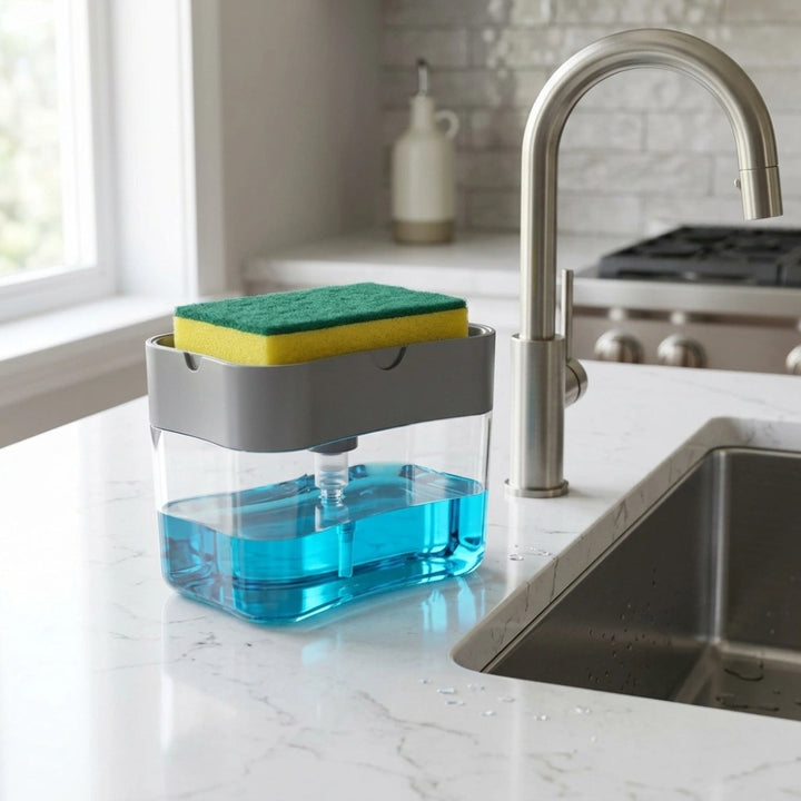 2 in 1 Kitchen Soap Dispenser with Sponge Holder | Liquid Dishwashing Pump for Sink & Bathroom Use
