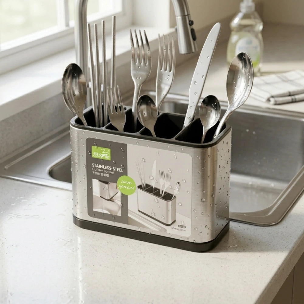Stainless Steel Cutlery Holder with 4 Compartments | Kitchen Utensil Organizer Caddy for Spoons, Forks, Knives & Cooking Tools | Countertop Storage Drainer  Handle