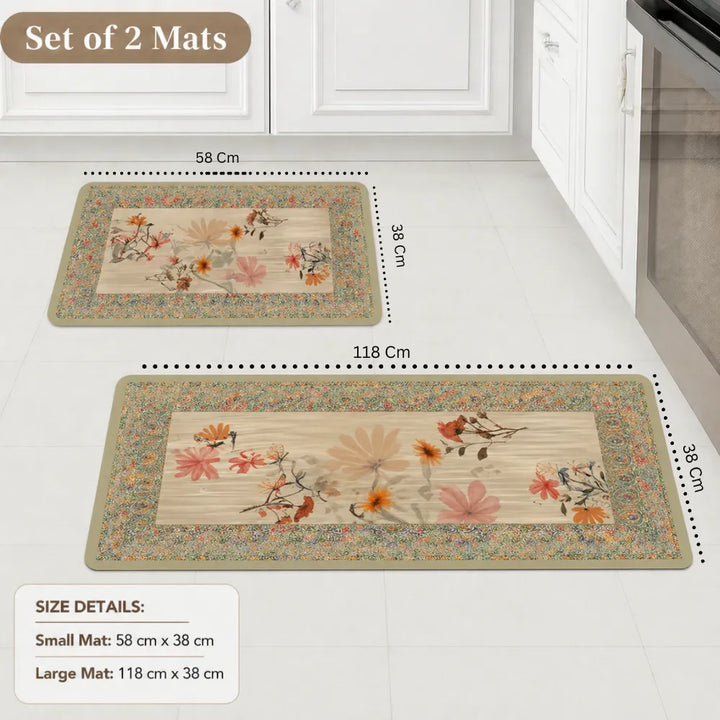 2-Piece Floral Kitchen Mat Set | Decorative Non-Slip Cushioned Anti-Fatigue Rugs for Kitchen, Sink & Office Floor