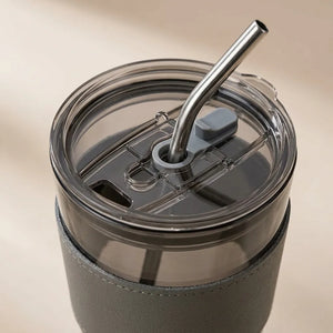 Glass Coffee Sipper Mug with Leather Grip | Reusable Clear Tumbler with Lid & Straw | Iced Coffee, Tea, Smoothie & Juice Cup
