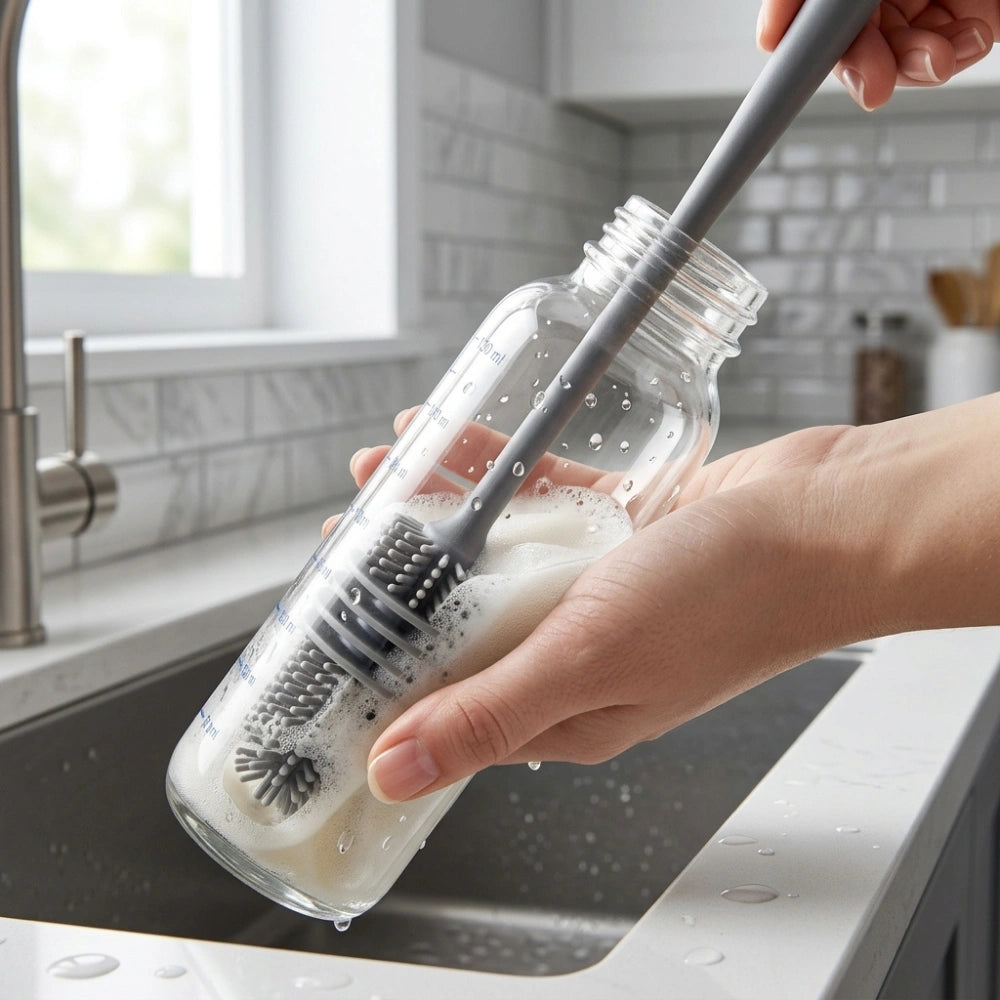 Silicone Bottle Cleaning Brush with Soft Flexible Bristles | Long Handle Water Bottle & Baby Bottle Cleaner | Easy Grip Kitchen Cleaning Brush