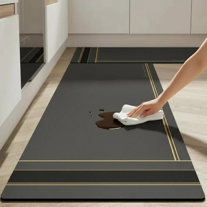 2-Piece Black & Gold Line Kitchen Mat Set | Luxury Non-Slip Waterproof Anti-Fatigue Runner Rugs for Kitchen & Office