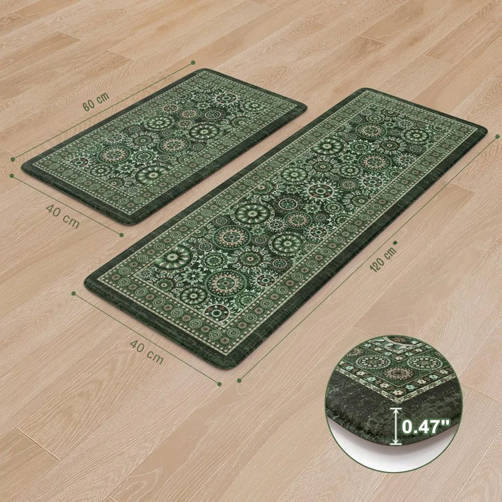2-Piece Emerald Green Mandala Kitchen Mat Set | Vintage Floral Medallion Non-Slip Anti-Fatigue Washable Runner Rugs for Kitchen & Hallway
