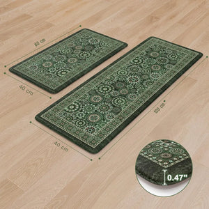 2-Piece Emerald Green Mandala Kitchen Mat Set | Vintage Floral Medallion Non-Slip Anti-Fatigue Washable Runner Rugs for Kitchen & Hallway