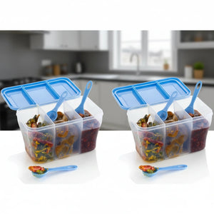 3-in-1 Multipurpose Masala Box with Airtight Containers & 3 Spoons | Transparent Kitchen Storage for Spices, Dry Fruits & Grocery