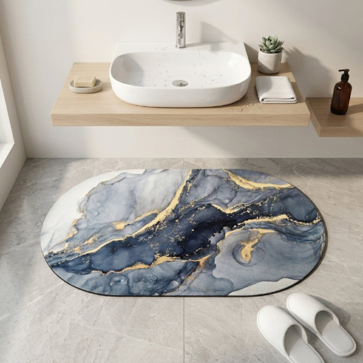 Luxury Marble Oval Anti-Slip Bath Mat | Soft Absorbent Quick Dry Bathroom Floor Rug Modern Watercolor Stone Pattern Carpet