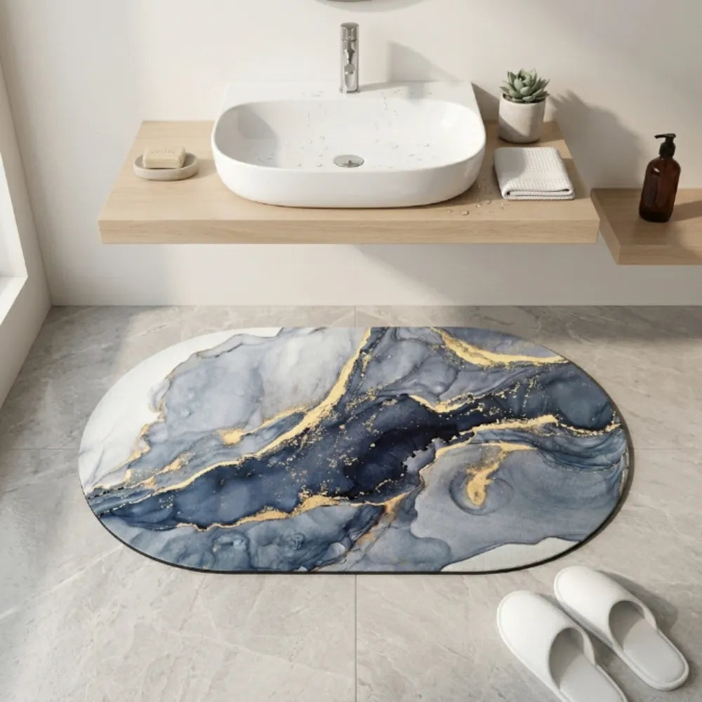 Luxury Marble Oval Anti-Slip Bath Mat | Soft Absorbent Quick Dry Bathroom Floor Rug Modern Watercolor Stone Pattern Carpet