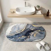 Luxury Marble Oval Anti-Slip Bath Mat | Soft Absorbent Quick Dry Bathroom Floor Rug Modern Watercolor Stone Pattern Carpet