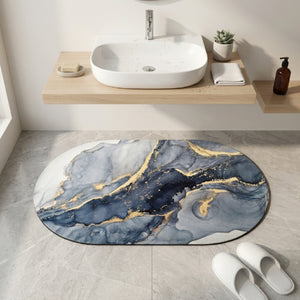 Luxury Marble Oval Anti-Slip Bath Mat | Soft Absorbent Quick Dry Bathroom Floor Rug Modern Watercolor Stone Pattern Carpet