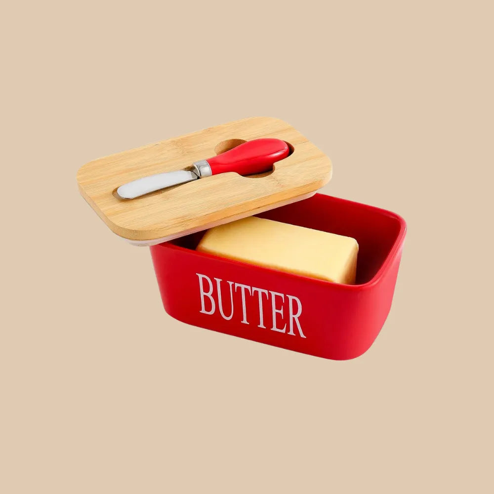 Ceramic Butter Dish With Lid & Knife – Airtight Butter Keeper Container with Silicone Seal for Countertop & Refrigerator