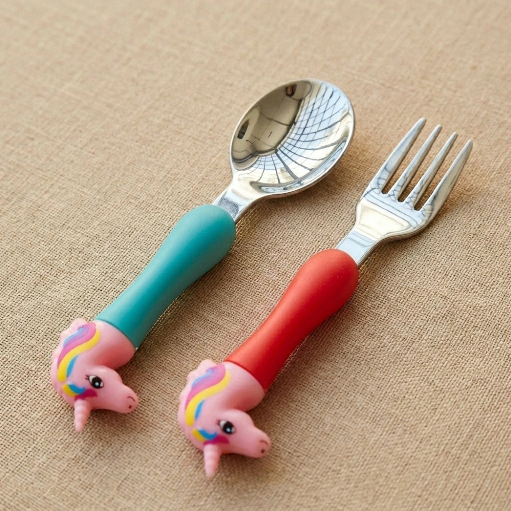 Unicorn Baby Feeding Spoon & Fork Set | Silicone Handle Stainless Steel Cutlery for Babies, Toddlers & Kids | BPA-Free Self Feeding Tableware