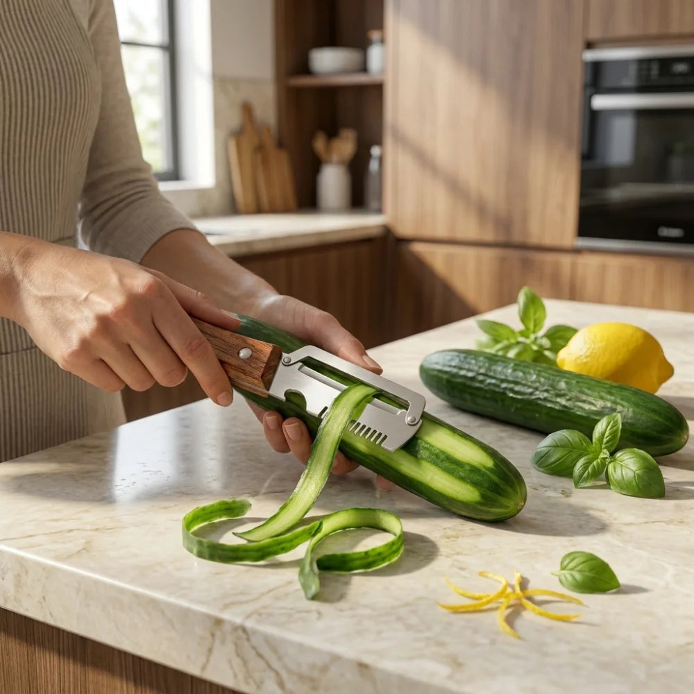 3 in 1 Stainless Steel Vegetable Peeler with Wooden Handle | Julienne Cutter, Bottle Opener & Scallion Shredder | Multi-Purpose Fruit & Veggie Peeler