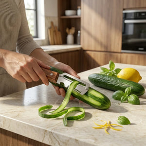3 in 1 Stainless Steel Vegetable Peeler with Wooden Handle | Julienne Cutter, Bottle Opener & Scallion Shredder | Multi-Purpose Fruit & Veggie Peeler