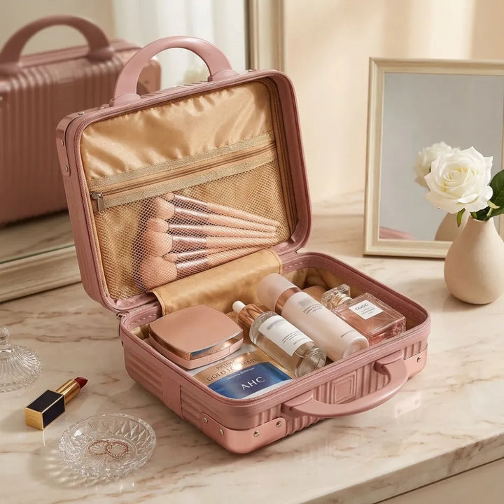 Portable Hard Shell Cosmetic Travel Case | Mini ABS Makeup Storage Suitcase with Elastic Band | Compact Hand Luggage Organizer