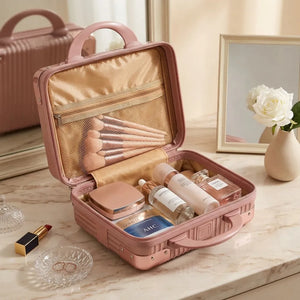 Portable Hard Shell Cosmetic Travel Case | Mini ABS Makeup Storage Suitcase with Elastic Band | Compact Hand Luggage Organizer