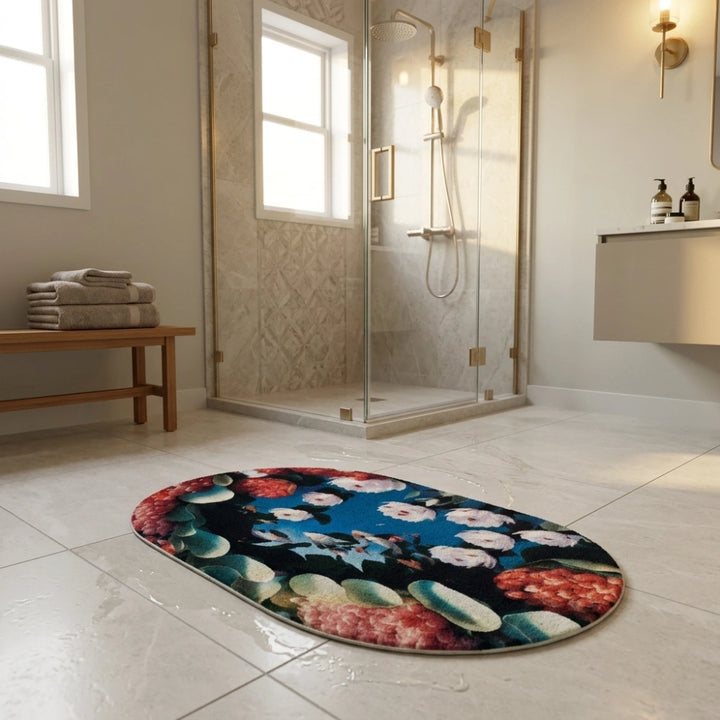 Floral Oval Anti-Slip Bathroom Mat | Soft Absorbent Quick Dry Bath Rug | Decorative Washroom Floor Carpet