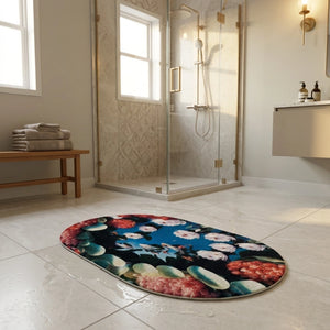 Floral Oval Anti-Slip Bathroom Mat | Soft Absorbent Quick Dry Bath Rug | Decorative Washroom Floor Carpet