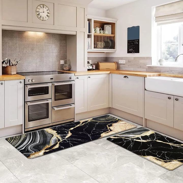 2-Piece Luxury Black & Gold Marble Kitchen Mat Set – Non-Slip Anti-Fatigue Washable Runner Rugs for Kitchen & Hallway