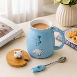 400ml Cute Cat Ceramic Coffee Mug with Wooden Lid & Stainless Steel Spoon | Kawaii Kitty Tea Cup for Home & Office