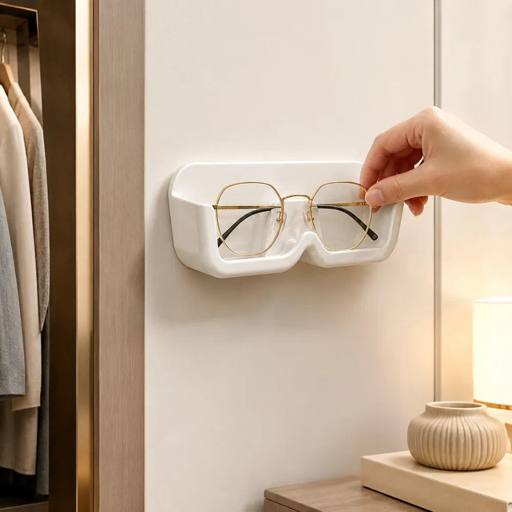Wall-Mounted Glasses Holder & Sunglasses Organizer | No-Drill Self-Adhesive Eyewear Storage Box | Plastic Specs Display Case