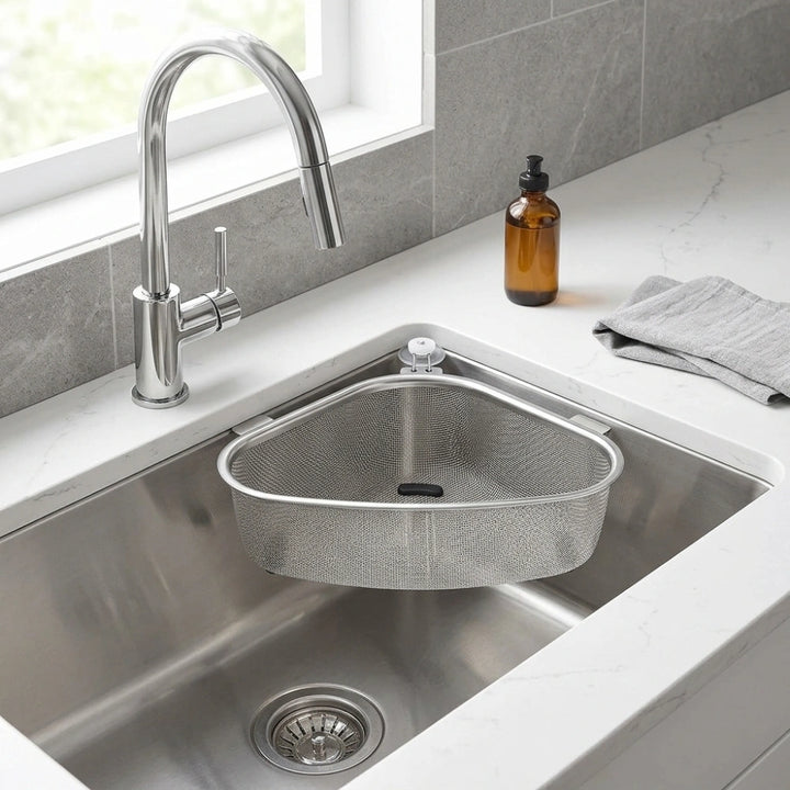 Stainless Steel Sink Corner Strainer Basket | Triangle Kitchen Sink Drain Shelf Organizer | Rustproof Corner Rack for Sponge & Scrubber Storage