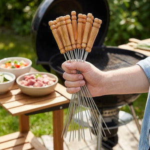 12PCS Stainless Steel BBQ Skewers Set | Reusable Barbecue Grilling Sticks with Wooden Handles | Round/Square Metal Kebab Skewers