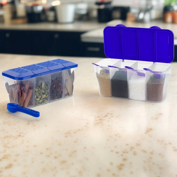 4-in-1 Airtight Masala Box with 3 Spoons | Transparent Spice & Dry Storage Container for Kitchen