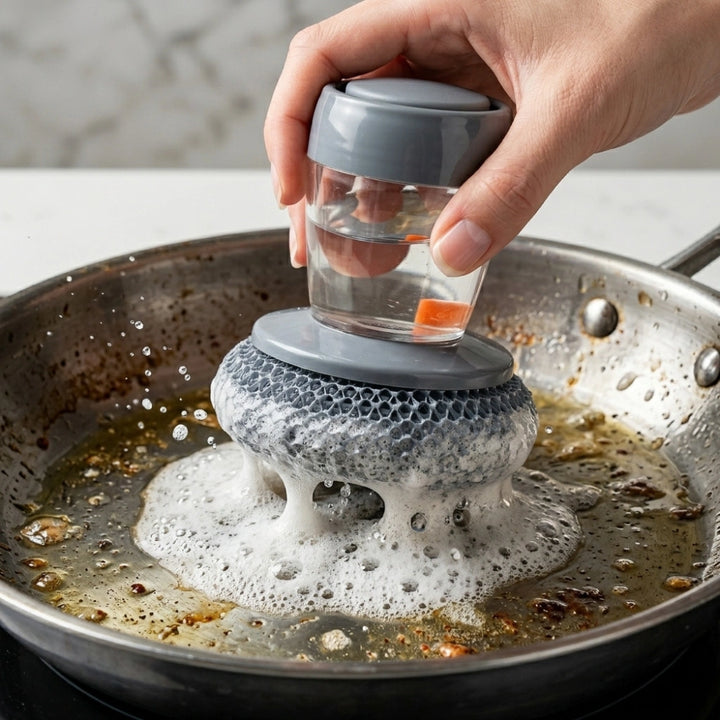 Dish Cleaning Brush with Soap Dispenser | Automatic Liquid Scrubber for Kitchen Sink & Dishwashing